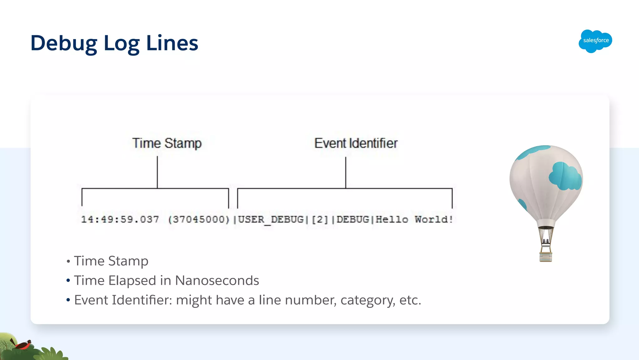 Debug Log Lines
• Time Stamp
• Time Elapsed in Nanoseconds
• Event Identiﬁer: might have a line number, category, etc.
 