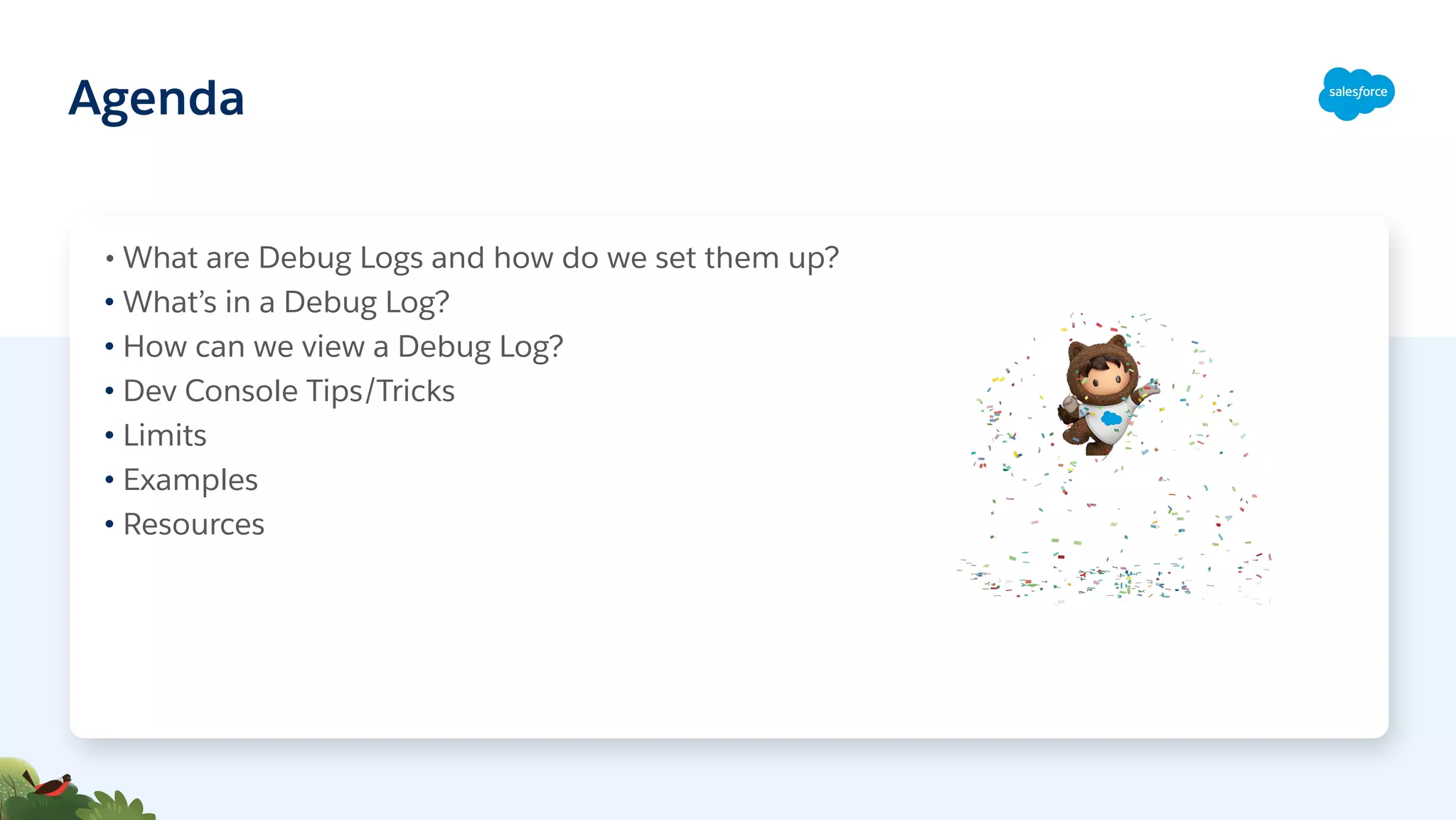 Agenda
• What are Debug Logs and how do we set them up?
• What’s in a Debug Log?
• How can we view a Debug Log?
• Dev Console Tips/Tricks
• Limits
• Examples
• Resources
 