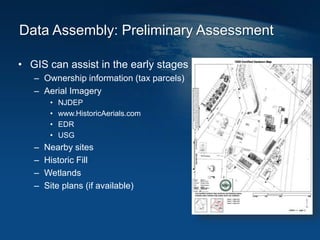 Data Assembly: Preliminary Assessment
• GIS can assist in the early stages
– Ownership information (tax parcels)
– Aerial Imagery
• NJDEP
• www.HistoricAerials.com
• EDR
• USG
– Nearby sites
– Historic Fill
– Wetlands
– Site plans (if available)
 