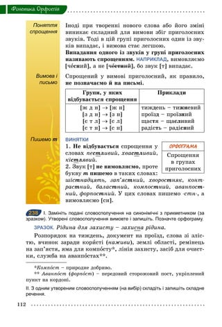 112
Фонетика. Орфоепiя
Поняття
спрощення
Іноді при творенні нового слова або його зміні
виникає складний для вимови збіг приголосних
звуків. Тоді в цій групі приголосних один із зву-
ків випадає, і вимова стає легшою.
Випадання одного із звуків у групі приголосних
називають спрощенням. НАПРИКЛАД, вимовляємо
[чесний], а не [честний], бо звук [т] випадає.
Вимова і
письмо
Спрощений у вимові приголосний, як правило,
не позначаємо й на письмі.
Групи, у яких
відбувається спрощення
Приклади
[ж д н] → [ж н]
[з д н] → [з н]
[с т л] → [с л]
[с т н] → [с н]
тиждень – тижневий
проїзд – проїзний
щастя – щасливий
радість – радісний
Пишемо т ВИНЯТКИ
1. Не відбувається спрощення у
словах пестливий, хвастливий,
кістлявий.
2. Звук [т] не вимовляємо, проте
букву т пишемо в таких словах:
шістнадцять, зап’ястний, хворостняк, конт­
растний, баластний, компостний, аванпост-
ний, форпостний. У цих словах пишемо ­стн­, а
вимовляємо [сн].
238 І. Замініть подані словосполучення на синонімічні з прикметником (за
зразком). Утворені словосполучення вимовте і запишіть. Позначте орфограму.
ЗРАЗОК. Рідина для захисту – захисна рідина.
Розпорядок на тиждень, документ на проїзд, слова зі зліс-
тю, вчинок заради користі (наживи), землі області, ремінець
на зап’ястя, яма для компосту*, лінія захисту, засіб для очист-
ки, служба на аванпостах**.
*Компîст – природне добриво.
** Аванпîст (форпîст) – передовий сторожовий пост, укріплений
пункт на кордоні.
ІІ. З одним утвореним словосполученням (на вибір) складіть і запишіть складне
речення.
ОРФОГРАМА
Спрощення
в групах
приголосних
Пишемо т
238
 