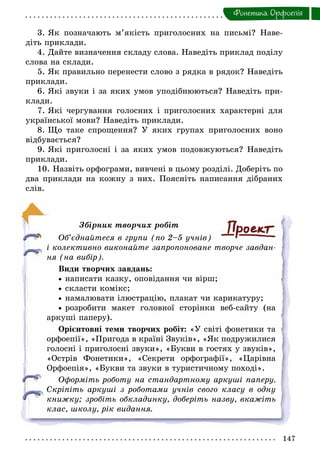 147
Фонетика. Орфоепiя
3. Як позначають м’якість приголосних на письмі? Наве-
діть приклади.
4. Дайте визначення складу слова. Наведіть приклад поділу
слова на склади.
5. Як правильно перенести слово з рядка в рядок? Наведіть
приклади.
6. Які звуки і за яких умов уподібнюються? Наведіть при-
клади.
7. Які чергування голосних і приголосних характерні для
української мови? Наведіть приклади.
8. Що таке спрощення? У яких групах приголосних воно
відбувається?
9. Які приголосні і за яких умов подовжуються? Наведіть
приклади.
10. Назвіть орфограми, вивчені в цьому розділі. Доберіть по
два приклади на кожну з них. Поясніть написання дібраних
слів.
Збірник творчих робіт
Об’єднайтеся в групи (по 2–5 учнів)
і колективно виконайте запропоноване творче завдан­
ня (на вибір).
Види творчих завдань:
•• написати казку, оповідання чи вірш;
•• скласти комікс;
•• намалювати ілюстрацію, плакат чи карикатуру;
•• розробити макет головної сторінки веб-сайту (на
аркуші паперу).
Орієнтовні теми творчих робіт: «У світі фонетики та
орфоепії», «Пригода в країні Звуків», «Як подружилися
голосні і приголосні звуки», «Букви в гостях у звуків»,
«Острів Фонетики», «Секрети орфографії», «Царівна
Орфоепія», «Букви та звуки в туристичному поході».
Оформіть роботу на стандартному аркуші паперу.
Скріпіть аркуші з роботами учнів свого класу в одну
книжку; зробіть обкладинку, доберіть назву, вкажіть
клас, школу, рік видання.
 