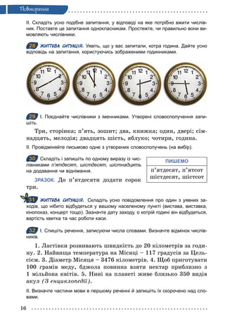 16
Ïовторення
ІІ. Складіть усно подібне запитання, у відповіді на яке потрібно вжити числів­
ник. Поставте це запитання однокласникам. Простежте, чи правильно вони ви­
мовляють числівники.
28 ЖИТТЄВА СИТУАЦІЯ. Уявіть, що у вас запитали, котра година. Дайте усно
відповідь на запитання, користуючись зображеними годинниками.
29 І. Поєднайте числівники з іменниками. Утворені словосполучення запи­
шіть.
Три, сторінка; п’ять, зошит; два, книжка; один, двері; сім-
надцять, мелодія; двадцять шість, яблуко; чотири, година.
ІІ. Провідміняйте письмово одне з утворених словосполучень (на вибір).
30 Складіть і запишіть по одному виразу із чис­
лівниками п’ятдесят, шістдесят, шістнадцять
на додавання чи віднімання.
ЗРАЗОК. До п’ятдесяти додати сорок
три.
ЖИТТЄВА СИТУАЦІЯ. Складіть усно повідомлення про один з уявних за­
ходів, що нібито відбудеться у вашому населеному пункті (вистава, виставка,
кінопоказ, концерт тощо). Зазначте дату заходу, о котрій годині він відбудеться,
вартість квитка та час роботи каси.
32 І. Спишіть речення, записуючи числа словами. Визначте відмінок числів­
ників.
1. Ластівки розвивають швидкість до 20 кілометрів за годи-
ну. 2. Найвища температура на Місяці – 117 градусів за Цель-
сієм. 3. Діаметр Місяця – 3476 кілометрів. 4. Щоб приготувати
100 грамів меду, бджола повинна взяти нектар приблизно з
1 мільйона квітів. 5. Нині на планеті живе близько 350 видів
акул (З енциклопедії).
ІІ. Визначте частини мови в першому реченні й запишіть їх скорочено над сло­
вами.
28
29
ПИШЕМО
п’ятдесят, п’ятсот
шістдесят, шістсот
30
31
32
 
