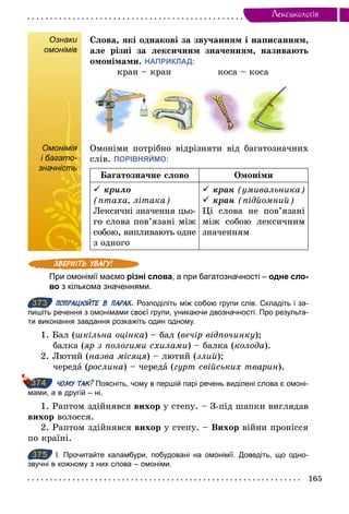 165
Лексикологiя
Ознаки
омонімів
Слова, які однакові за звучанням і написанням,
але різні за лексичним значенням, називають
омонімами. НАПРИКЛАД:
кран – кран коса – коса
Омонімія
і багато-
значність
Омоніми потрібно відрізняти від багатозначних
слів. ПОРІВНЯЙМО:
Багатозначне слово Омоніми
ü крило
(птаха, літака)
Лексичні значення цьо-
го слова пов’язані між
собою, випливають одне
з одного
ü кран (умивальника)
ü кран (підйомний)
Ці слова не пов’язані
між собою лексичним
значенням
При омонімії маємо різні слова, а при багатозначності – одне сло-
во з кількома значеннями.
373 ПОПРАЦЮЙТЕ В ПАРАХ. Розподіліть між собою групи слів. Складіть і за­
пишіть речення з омонімами своєї групи, уникаючи двозначності. Про результа­
ти виконання завдання розкажіть один одному.
1. Бал (шкільна оцінка) – бал (вечір відпочинку);
балка (яр з пологими схилами) – балка (колода).
2. Лютий (назва місяця) – лютий (злий);
череда (рослина) – череда (гурт свійських тварин).
ЧОМУ ТАК? Поясніть, чому в першій парі речень виділені слова є омоні­
мами, а в другій – ні.
1. Раптом здійнявся вихор у степу. – З-під шапки виглядав
вихор волосся.
2. Раптом здійнявся вихор у степу. – Вихор війни пронісся
по країні.
375 І. Прочитайте каламбури, побудовані на омонімії. Доведіть, що одно­
звучні в кожному з них слова – омоніми.
Омонімія
і багато-
значність
373
374
375
 