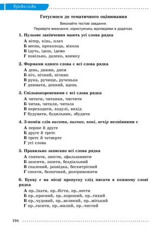 194
Будова слова
Готуємося до тематичного оцінювання
Виконайте тестові завдання.
Перевірте виконання, користуючись відповідями в додатках.
1. Нульове закінчення мають усі слова рядка
А вітер, кінь, плач
Б весна, прохолода, віхола
В ідуть, ідеш, ідемо
Г повільно, далеко, взимку
2. Формами одного слова є всі слова рядка
А день, днями, днем
Б ніч, нічний, нічник
В рука, ручище, рученька
Г днювати, денний, вдень
3. Спільнокореневими є всі слова рядка
А читати, читання, чистити
Б читав, читали, читала
В переходити, ходулі, вихід
Г будувати, будильник, збудити
4. З-поміж слів висота, високо, поні, вечір незмінними є
А перше й друге	
Б друге й третє
В третє й четверте
Г усі слова
5. Правильно записано всі слова рядка
А спитати, знести, зфальшивити
Б зкосити, зшити, бездіяльний
В спалений, розвідка, бесхитрісний
Г спекти, безпечний, розтривожити
6. Букву е на місці пропуску слід писати в кожному слові
­рядка
А пр..їхати, пр..бігти, пр..нести
Б пр..красний, пр..хороший, пр..тихий
В пр..чудовий, пр..великий, пр..міський
Г пр..гасити, пр..милий, пр..чистий
 