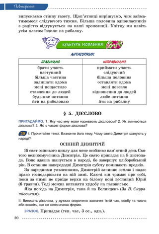 20
Ïовторення
випускаємо стінну газету. Щоп’ятниці вирішуємо, чим займа-
тимемося слідуючого тижня. Більша половина однокласників
з радістю відгукується на наші пропозиції. Улітку ми навіть
усім класом їздили на рибалку.
АНТИСУРЖИК
ПРАВИЛЬНО НЕПРАВИЛЬНО
брати участь
наступний
більша частина
залишати вдома
мені пощастило
ставлення до людей
будь-яке питання
йти на риболовлю
приймати участь
слідуючий
більша половина
оставляти вдома
мені повезло
відношення до людей
любе питання
йти на рибалку
§ 5. ДІЄСЛОВО
ПРИГАДАЙМО. 1. Яку частину мови називають дієсловом? 2. Як змінюються
дієслова? 3. Які є часові форми дієслова?
39 І. Прочитайте текст. Визначте його тему. Чому свято Димитрія шанують у
народі?
ОСІННІЙ ДИМИТРІЙ
Зі свят осіннього циклу для мене особливо пам’ятний день Свя-
того великомученика Димитрія. Це свято припадає на 8 листопа-
да. Воно здавна шанується в народі, бо завершує хліборобський
рік. В останню напередодні Димитрія суботу поминають предків.
За народними уявленнями, Димитрій зачиняє землю і надає
право господарювати на ній зимі. Ключі він тримає при собі,
поки за ними не приїде верхи на білому коні весняний Юрій
(6 травня). Тоді можна виганяти худобу на пасовисько.
Яка погода на Димитрія, така й на Великдень (За В. Скура­
тівським).
ІІ. Випишіть дієслова, у дужках скорочено зазначте їхній час, особу та число
або вкажіть, що це неозначена форма.
ЗРАЗОК. Припадає (теп. час, 3 ос., одн.).
39
 
