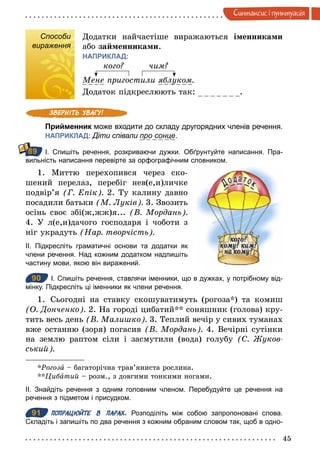 45
Синтаксис i пунктуацiя
Способи
вираження
Додатки найчастіше виражаються іменниками
або займенниками.
НАПРИКЛАД:
кого? чим?
Ìене пригостили яблуком.
Додаток підкреслюють так: .
Прийменник може входити до складу другорядних членів речення.
НАПРИКЛАД: Діти співали про сонце.
І. Спишіть речення, розкриваючи дужки. Обґрунтуйте написання. Пра­
вильність написання перевірте за орфографічним словником.
1. Миттю перехопився через ско-
шений перелаз, перебіг нев(е,и)личке
подвір’я (Г. Åпік). 2. Ту калину давно
посадили батьки (М. Луків). 3. Звозить
осінь своє збі(ж,жж)я... (В. Мордань).
4. У л(е,и)дачого господаря і чоботи з
ніг украдуть (Нар. творчість).
ІІ. Підкресліть граматичні основи та додатки як
члени речення. Над кожним додатком надпишіть
частину мови, якою він виражений.
90 І. Спишіть речення, ставлячи іменники, що в дужках, у потрібному від­
мінку. Підкресліть ці іменники як члени речення.
1. Сьогодні на ставку скошуватимуть (рогоза*) та комиш
(О. Донченко). 2. На городі цибатий** соняшник (голова) кру-
тить весь день (В. Малишко). 3. Теплий вечір у сивих туманах
вже останню (зоря) погасив (В. Мордань). 4. Вечірні сутінки
на землю раптом сіли і засмутили (вода) голубу (С. Æуков­
ський).
*Рогоза – багаторічна трав’яниста рослина.
**Цибатий – розм., з довгими тонкими ногами.
ІІ. Знайдіть речення з одним головним членом. Перебудуйте це речення на
речення з підметом і присудком.
91 ПОПРАЦЮЙТЕ В ПАРАХ. Розподіліть між собою запропоновані слова.
Складіть і запишіть по два речення з кожним обраним словом так, щоб в одно­
Способи
вираження
89
90
91
 