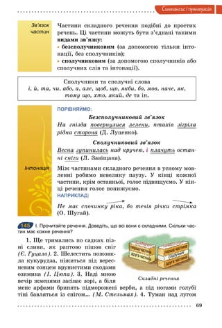 69
Синтаксис i пунктуацiя
Зв’язок
частин
Частини складного речення подібні до простих
речень. Ці частини можуть бути з’єднані такими
видами зв’язку:
	• безсполучниковим (за допомогою тільки інто-
нації, без сполучників);
	• сполучниковим (за допомогою сполучників або
сполучних слів та інтонації).
Сполучники та сполучні слова
і, й, та, чи, або, а, але, щоб, що, якби, бо, мов, наче, як,
тому що, хто, який, де та ін.
ПОРІВНЯЙМО:
Áезсполучниковий	зв’язок
На гнізда повернулися лелеки, птахів зігріла
рідна сторона (Д. Луценко).
Ñполучниковий	зв’язок
Весна зупинилась над кручею, і плачуть остан­
ні сніги (Л. Завіщана).
Інтонація Між частинами складного речення в усному мов-
ленні робимо невелику паузу. У кінці кожної
частини, крім останньої, голос підвищуємо. У кін-
ці речення голос понижуємо.
НАПРИКЛАД:
Не має спочинку ріка, бо течія річки стрімка
(О. Шугай).
145 І. Прочитайте речення. Доведіть, що всі вони є складними. Скільки час­
тин має кожне речення?
1. Ще тримались по садках піз-
ні сливи, як раптово пішов сніг
(Є. Гуцало). 2. Шелестить пожовк-
ла кукурудза, ніжиться під верес-
невим сонцем врунистими сходами
озимина (І. Цюпа). 3. Наді мною
вечір жменями засіває зорі, а біля
мене арфами бринять підморожені верби, а під ногами голубі
тіні бавляться із снігом… (М. Стельмах). 4. Туман над лугом
Інтонація
145
Складні речення
 