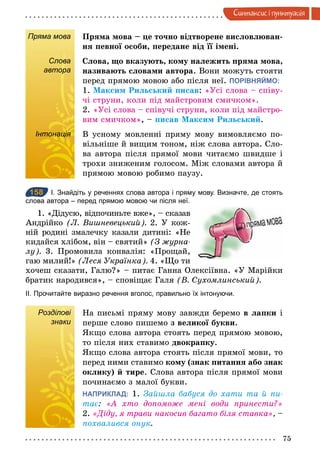 75
Синтаксис i пунктуацiя
Пряма мова Пряма мова – це точно відтворене висловлюван-
ня певної особи, передане від її імені.
Слова
автора
Слова, що вказують, кому належить пряма мова,
називають словами автора. Вони можуть стояти
перед прямою мовою або після неї. ПОРІВНЯЙМО:
1. Максим Рильський писав: «Усі слова – співу-
чі струни, коли під майстровим смичком».
2. «Усі слова – співучі струни, коли під майстро-
вим смичком», – писав Максим Рильський.
Інтонація В усному мовленні пряму мову вимовляємо по-
вільніше й вищим тоном, ніж слова автора. Сло-
ва автора після прямої мови читаємо швидше і
трохи зниженим голосом. Між словами автора й
прямою мовою робимо паузу.
158 І. Знайдіть у реченнях слова автора і пряму мову. Визначте, де стоять
слова автора – перед прямою мовою чи після неї.
1. «Дідусю, відпочиньте вже», – сказав
Андрійко (Л. Вишневецький). 2. У кож-
ній родині змалечку казали дитині: «Не
кидайся хлібом, він – святий» (З журна­
лу). 3. Промовила конвалія: «Прощай,
гаю милий!» (Леся Українка). 4. «Що ти
хочеш сказати, Галю?» – питає Ганна Олексіївна. «У Марійки
братик народився», – сповіщає Галя (В. Сухомлинський).
ІІ. Прочитайте виразно речення вголос, правильно їх інтонуючи.
Розділові
знаки
На письмі пряму мову завжди беремо в лапки і
перше слово пишемо з великої букви.
Якщо слова автора стоять перед прямою мовою,
то після них ставимо двокрапку.
Якщо слова автора стоять після прямої мови, то
перед ними ставимо кому (знак питання або знак
оклику) й тире. Слова автора після прямої мови
починаємо з малої букви.
НАПРИКЛАД: 1. Зайшла бабуся до хати та й пи­
тає: «А хто допоможе мені води принести?»
2. «Діду, я трави накосив багато біля ставка», –
похвалився онук.
Слова
автора
Інтонація
158
Розділові
знаки
 