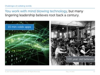 Challenges of colliding worlds
You work with mind blowing technology, but many
lingering leadership believes root back a c...