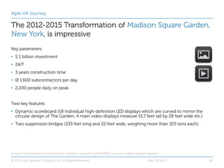 Agile HR Journey
The 2012-2015 Transformation of Madison Square Garden,
New York, is impressive
Key parameters
• $ 1 billi...