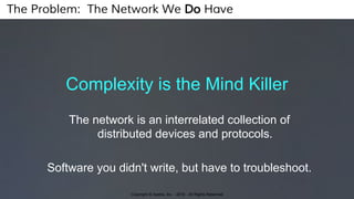 Copyright © Apstra, Inc. - 2016 - All Rights Reserved
Complexity is the Mind Killer
The network is an interrelated collection of
distributed devices and protocols.
Software you didn't write, but have to troubleshoot.
The Problem: The Network We Do Have
 