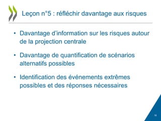 • Davantage d’information sur les risques autour
de la projection centrale
• Davantage de quantification de scénarios
alternatifs possibles
• Identification des événements extrêmes
possibles et des réponses nécessaires
18
Leçon n°5 : réfléchir davantage aux risques
 