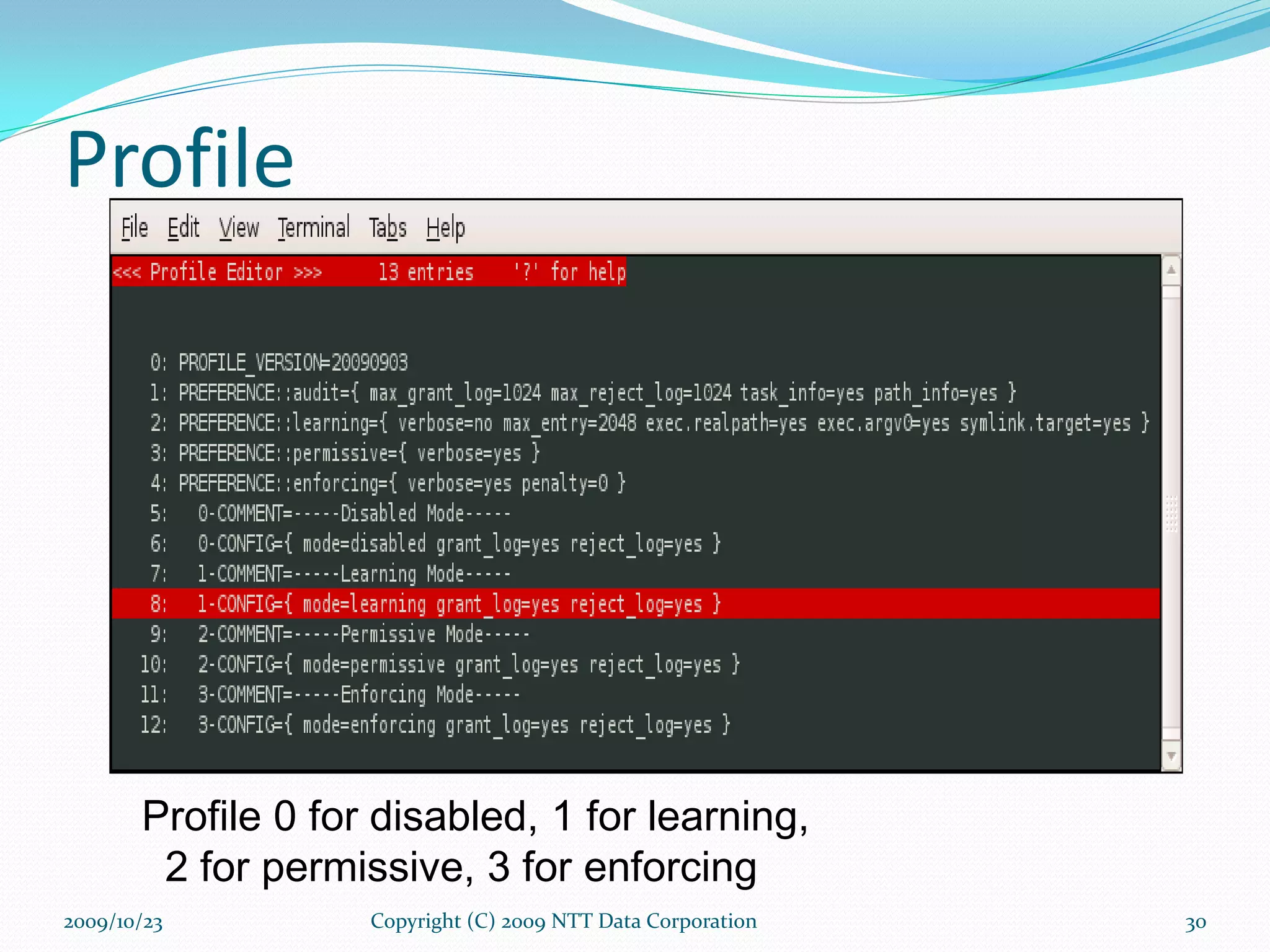Copyright (C) 2009 NTT Data Corporation Profile 0 for disabled, 1 for learning,    2 for permissive, 3 for enforcing  2009/10/23 