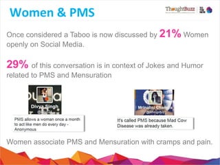 Women	
  &	
  PMS
	
  
Once considered a Taboo is now discussed by 21% Women
openly on Social Media.

29% of this conversation is in context of Jokes and Humor
related to PMS and Mensuration

Women associate PMS and Mensuration with cramps and pain.

 
