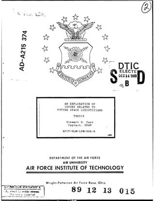 ITI 
ELECTEr 
DEC 141989 D 
SB U 
AN EXPLORATION OF 
ISSUES RELATED TO 
FUTURE SPACE LOGISTICIANS 
THESIS 
Stewart G. Carr 
Captain, USAF 
AFIT/GLM/LSM/8gS-6 
DEPARTMENT OF THE AIR FORCE 
AIR UNIVERSITY 
AIR FORCE INSTITUTE OF TECHNOLOGY 
Wright-Patterson Air Force Base, Ohio 
I btI GN STATUi A 
i-U. 89 -12 13 0 , 
 