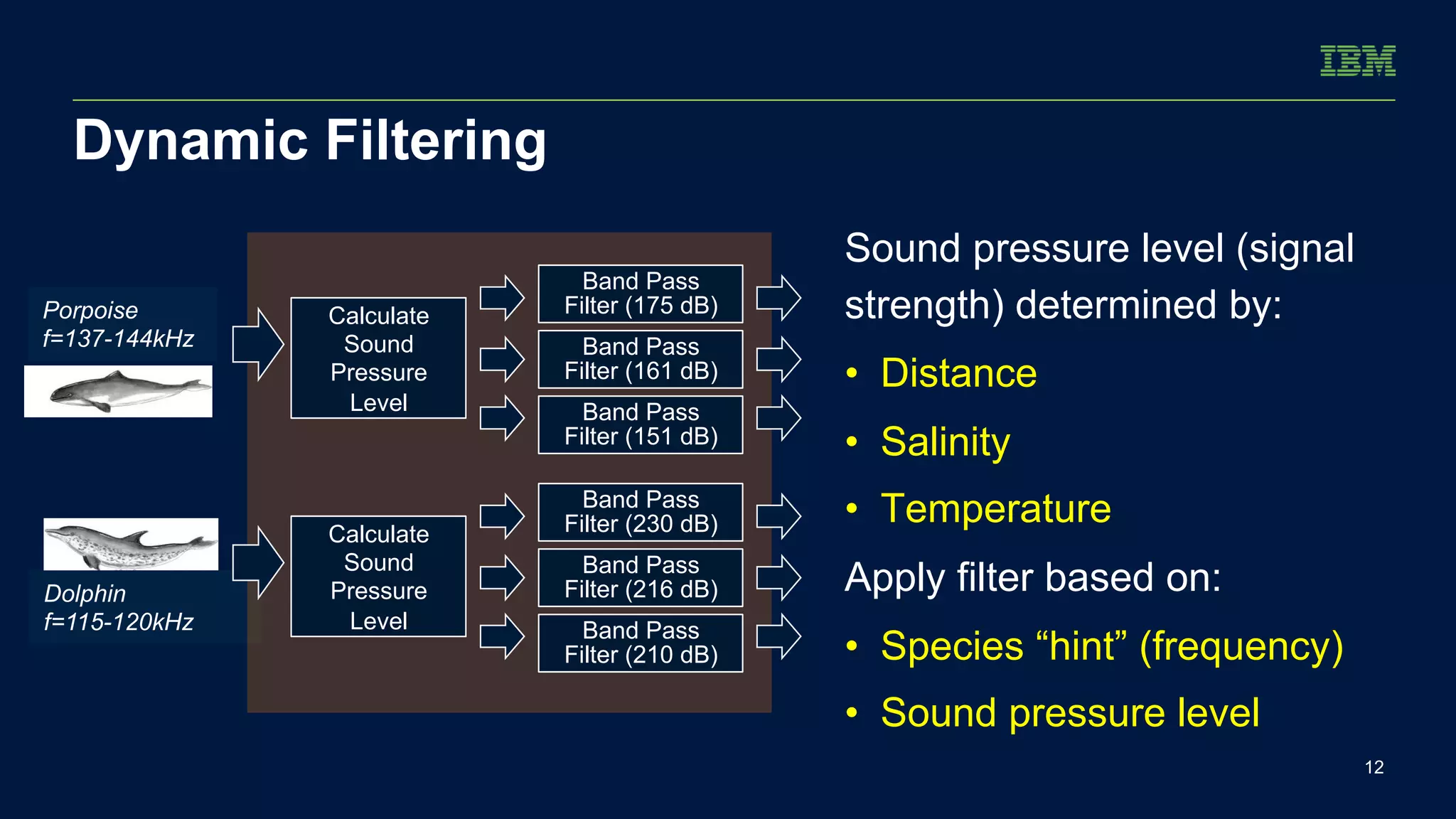 Dynamic Filtering 
Dolphin 
f=115-120kHz 
12 
Band Pass 
Porpoise Filter (175 dB) 
f=137-144kHz 
Calculate 
Sound 
Pressure 
Level 
Sound pressure level (signal 
strength) determined by: 
• Distance 
• Salinity 
• Temperature 
Apply filter based on: 
• Species “hint” (frequency) 
• Sound pressure level 
Band Pass 
Filter (161 dB) 
Band Pass 
Filter (151 dB) 
Band Pass 
Calculate Filter (230 dB) 
Sound 
Pressure 
Level 
Band Pass 
Filter (216 dB) 
Band Pass 
Filter (210 dB) 
 