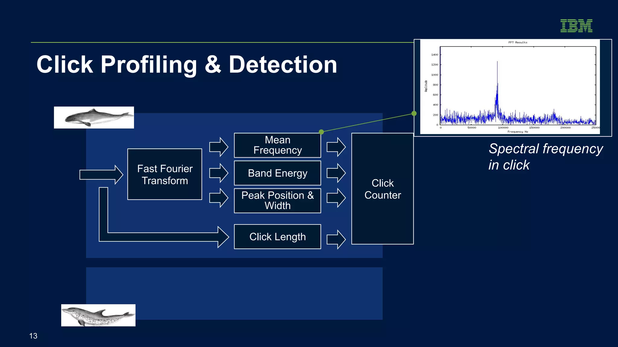 Click Profiling & Detection 
13 
Mean 
Frequency 
Fast Fourier 
Transform 
Band Energy 
Peak Position & 
Width 
Click Length 
Click 
Counter 
Spectral frequency 
in click 
 