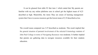 It can be gleaned from table IV that item 1 which stated that My parents are
familiar with my any online platforms uses in school got the highest mean of 4.23
described as high. Meanwhile, the items They are aware of learning management
system that I have to access resources got the lowest mean of 2.19 described as low.
The overall mean computed was 3.27 described as moderate. This result implied that
the general situation of parental involvement of the selected Criminology students of
John Paul College in terms of Navigating Resources was moderate. It further implied
that parents are gathering data to navigate resources available for their students
education.
 