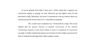 It can be gleaned from table X that item 3 which stated that I organize my
coursework equally to manage my time effectively got the highest mean of 4.44
described as high. Meanwhile, the items I communicate with my teachers about my
coursework got the lowest mean of 3.11 described as moderate.
The overall mean computed was 3.58 described as high. This result
implied that the general situation of parental involvement of the selected
Criminology students of John Paul College in terms of completion of coursework
was high. It further implied that parents involvement for their childs coursework for
them to understand and adapt their childs academic needs.
 