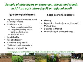 Farming Systems and Food Security in Sub-Saharan Africa: Priorities for Science and Policy
Sample of data layers on resources, drivers and trends
in African agriculture (by FS or regional level)
Agro-ecological datasets
• Agro-ecological Zones Data and
Farming Systems
• Land Resources
– Agro-ecological zonation
– Length of growing period
– Land use/land cover
– Protected areas
• Land Quality
• Crop Suitability
• Crop Summary Tables
• Yield and Production Gaps
• Biomass productivity
Socio-economic datasets
• Poverty
• Population density (human, livestock)
• Malnutrition
• Distance to Market
• Vulnerability to climate change
 