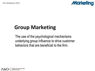 From:
Group Marketing
The use of the psychological mechanisms
underlying group influence to drive customer
behaviors that are beneficial to the firm.
Harmeling et al. (2017)
 