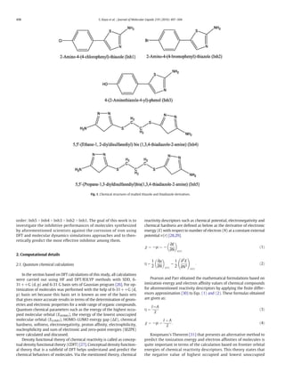 order: Inh5 N Inh4 N Inh3 N Inh2 N Inh1. The goal of this work is to
investigate the inhibitive performances of molecules synthesized
by aforementioned scientists against the corrosion of iron using
DFT and molecular dynamics simulations approaches and to theo-
retically predict the most effective inhibitor among them.
2. Computational details
2.1. Quantum chemical calculations
In the section based on DFT calculations of this study, all calculations
were carried out using HF and DFT/B3LYP methods with SDD, 6-
31++G (d, p) and 6-31 G basis sets of Gaussian program [26]. For op-
timization of molecules was performed with the help of 6-31++G (d,
p) basis set because this basis set is known as one of the basis sets
that gives more accurate results in terms of the determination of geom-
etries and electronic properties for a wide range of organic compounds.
Quantum chemical parameters such as the energy of the highest occu-
pied molecular orbital (EHOMO), the energy of the lowest unoccupied
molecular orbital (ELUMO), HOMO–LUMO energy gap (ΔE), chemical
hardness, softness, electronegativity, proton afﬁnity, electrophilicity,
nucleophilicity and sum of electronic and zero-point energies (SEZPE)
were calculated and discussed.
Density functional theory of chemical reactivity is called as concep-
tual density functional theory (CDFT) [27]. Conceptual density function-
al theory that is a subﬁeld of DFT helps understand and predict the
chemical behaviors of molecules. Via the mentioned theory, chemical
reactivity descriptors such as chemical potential, electronegativity and
chemical hardness are deﬁned as below as the derivative of electronic
energy (E) with respect to number of electron (N) at a constant external
potential υ(r) [28,29].
χ ¼ −μ ¼ −
∂E
∂N
 
υ rð Þ
ð1Þ
η ¼
1
2
∂μ
∂N
 
υ rð Þ
¼
1
2
∂
2
E
∂N2
!
υ rð Þ
: ð2Þ
Pearson and Parr obtained the mathematical formulations based on
ionization energy and electron afﬁnity values of chemical compounds
for aforementioned reactivity descriptors by applying the ﬁnite differ-
ences approximation [30] to Eqs. (1) and (2). These formulas obtained
are given as:
η ¼
I−A
2
ð3Þ
χ ¼ −μ ¼
I þ A
2
: ð4Þ
Koopmans's Theorem [31] that presents an alternative method to
predict the ionization energy and electron afﬁnities of molecules is
quite important in terms of the calculation based on frontier orbital
energies of chemical reactivity descriptors. This theory states that
the negative value of highest occupied and lowest unoccupied
Fig. 1. Chemical structures of studied thiazole and thiadiazole derivatives.
498 S. Kaya et al. / Journal of Molecular Liquids 219 (2016) 497–504
 