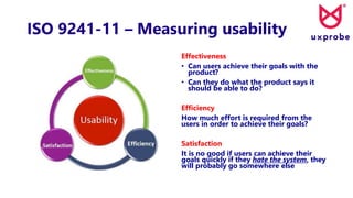 ISO 9241-11 – Measuring usability
Effectiveness
• Can users achieve their goals with the
product?
• Can they do what the product says it
should be able to do?
Efficiency
How much effort is required from the
users in order to achieve their goals?
Satisfaction
It is no good if users can achieve their
goals quickly if they hate the system, they
will probably go somewhere else
 
