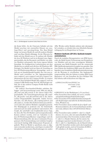 javamagazin 1|2016
Java Core Jigsaw
26 www.JAXenter.de
die Kante heller. An der Unterseite befindet sich das
Modul java.base mit essenziellen Klassen wie java.
lang.Object und java.lang.String. Das Base-Modul
hängt von keinem Modul ab, und alle anderen Module
sind vom Base-Modul abhängig. An der Oberseite be-
findet sich das Modul java.se. Es umfasst alle Module
der Java-SE-Plattform und ist ein Beispiel eines Aggre-
gatormoduls, das die Reexporte und Inhalte von ande-
ren Modulen aufsammelt, aber keine eigenen Inhalte
hinzufügt. Ein konfiguriertes Laufzeitsystem mit dem
Modul java.se enthält auch alle Java-SE-Plattform-API-
Packages. Ein Modul wird nur dann als Vorschlag zur
Java-SE-Plattformspezifikation hinzugefügt, wenn es
sich um ein Standardmodul handelt, das vom ja­va. se-­
Modul auch erreichbar ist. Die Aggregatormodule
ja­va.com­pact1, java.compact2 und java.compact3 im-
plementieren die Java-SE-Compact-Profile. Es existiert
auch ein Non-Standard-Modul jdk.compact3, weil ein
compact3 JDK Build einige Non-SE-API-Packages ent-
hält, die in den anderen Compact Profile Builds nicht
enthalten sind.
Die anderen Non-Standard-Module enthalten De-
bugger- und Servicewerkzeuge sowie APIs wie jdk.jdi,
jdk. jcmd und jdk.jconsole in der oberen linken Dia-
grammhälfte. Die Entwicklungswerkzeuge jdk.compi-
ler, jdk.javadoc und jdk.xml.bind sind in der oberen
rechten Diagrammhälfte dargestellt. Andere Service-
Provider, wie jdk.charsets, jdk.scripting.nashorn und
jdk.crypto.ec, werden über die Konvention java.util.Ser-
viceLoader den anderen Modulen zugänglich gemacht.
Der Modulgraph ist praktisch eine Art Schnittstelle
und wird auch als solche spezifiziert und erweitert. Der
Graph, der unterhalb vom Graphmodul java.se liegt,
bei dem alle Non-SE-Module und korrespondierenden
Kanten entfernt wurden, wird zur Aufnahme in die
Java-SE-Plattformspezifikation vorgeschlagen und die
Weiterentwicklung über den Java-Community-Prozess
gesteuert. Die Fortentwicklung vom restlichen Graphen
wird durch künftige JDK Enhancement Proposals ab-
gedeckt. Wird ein Modul so spezifiziert, dass es allge-
mein verwendet werden kann, unterliegt es in jedem Fall
den gleichen evolutionären Beschränkungen wie andere
APIs. Werden solche Module entfernt oder inkompati-
bel verändert, so erfordert dies eine öffentliche Benach-
richtigung für ein Hauptrelease im Voraus.
Modularer Quellcode (JEP 201): Quellcode komplett
umstrukturieren
Durch die modulare Reorganisation vom JDK-Source-
code, der Build-System-Verbesserung zum Kompilieren
von Modulen und mit einer erzwungenen Modulab-
grenzung zum Build-Zeitpunkt wird die existierende
JDK-Quellcodeorganisation komplett neu gestaltet. Das
neue Schema des modularen JDKs nutzt die seltene Ge-
legenheit einer kompletten Quellcodeumstrukturierung,
um die Wartung zu vereinfachen. Der Implementie-
rungsvorschlag sieht das Schema in jedem JDK Forest
Repository vor, mit Ausnahme der Java HotSpot VM.
Das Schema sieht in Kurzform wie folgt aus:
src/$MODULE/{share,$OS}/classes/$PACKAGE/*.java
native/include/*.{h,hpp}
$LIBRARY/*.{c,cpp}
conf/*
•	$MODULE ist der Modulname (z. B. java.base).
•	Das Verzeichnis share enthält, wie zuvor, verteilte
und plattformübergreifende Kodierungen.
•	Das Verzeichnis $OS enthält betriebssystemspezifi-
sche Kodierungen und steht für die Betriebssysteme
Unix, Windows etc.
•	Das Verzeichnis classes enthält die Java-Quell- und
Ressourcendateien, die im Verzeichnisbaum struktu-
riert sind, inklusive ihrer API-$PACKAGE-Hierar-
chie.
•	Das Verzeichnis native enthält C- oder C++-Quell-
dateien, wie zuvor, aber mit unterschiedlicher Orga-
nisationsstruktur: Das Verzeichnis include enthält
C- oder C++-Header-Dateien, die für externe An-
wendungen exportiert werden können (z. B. jni.h).
Die C- oder C++-Quelldateien, die als Shared Library
oder DLL bezeichnet werden und in die kompilierter
Code gelinkt werden, sind im Verzeichnis $LIBRA-
RY enthalten (z. B. libjava oder libawt).
Abb. 1: JDK-Modulgraph visualisiert jedes Modul als Knoten
 