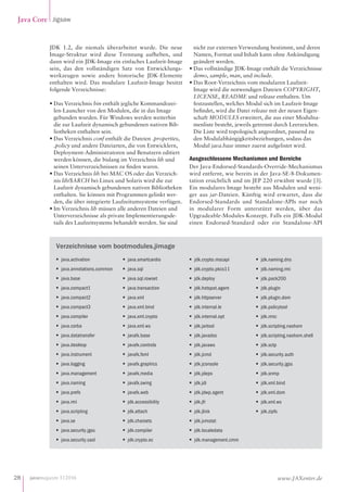 javamagazin 1|2016
Java Core Jigsaw
28 www.JAXenter.de
JDK  1.2, die niemals überarbeitet wurde. Die neue
Image-Struktur wird diese Trennung aufheben, und
dann wird ein JDK-Image ein einfaches Laufzeit-Image
sein, das den vollständigen Satz von Entwicklungs-
werkzeugen sowie andere historische JDK-Elemente
enthalten wird. Das modulare Laufzeit-Image besitzt
folgende Verzeichnisse:
•	Das Verzeichnis bin enthält jegliche Kommandozei-
len-Launcher von den Modulen, die in das Image
gebunden wurden. Für Windows werden weiterhin
die zur Laufzeit dynamisch gebundenen nativen Bib-
liotheken enthalten sein.
•	Das Verzeichnis conf enthält die Dateien .properties,
.policy und andere Dateiarten, die von Entwicklern,
Deployment-Administratoren und Benutzern editiert
werden können, die bislang im Verzeichnis lib und
seinen Unterverzeichnissen zu finden waren.
•	Das Verzeichnis lib bei MAC OS oder das Verzeich-
nis lib/$ARCH bei Linux und Solaris wird die zur
Laufzeit dynamisch gebundenen nativen Bibliotheken
enthalten. Sie können mit Programmen gelinkt wer-
den, die über integrierte Laufzeitumsysteme verfügen.
•	Im Verzeichnis lib müssen alle anderen Dateien und
Unterverzeichnisse als private Implementierungsde-
tails des Laufzeitsystems behandelt werden. Sie sind
nicht zur externen Verwendung bestimmt, und deren
Namen, Format und Inhalt kann ohne Ankündigung
geändert werden.
•	Das vollständige JDK-Image enthält die Verzeichnisse
demo, sample, man, und include.
•	Das Root-Verzeichnis vom modularen Laufzeit-
Image wird die notwendigen Dateien COPYRIGHT,
LICENSE, README und release enthalten. Um
festzustellen, welches Modul sich im Laufzeit-Image
befindet, wird die Datei release mit der neuen Eigen-
schaft MODULES erweitert, die aus einer Modulna-
menliste besteht, jeweils getrennt durch Leerzeichen.
Die Liste wird topologisch angeordnet, passend zu
den Modulabhängigkeitsbeziehungen, sodass das
Modul java.base immer zuerst aufgelistet wird.
Ausgeschlossene Mechanismen und Bereiche
Der Java-Endorsed-Standards-Override-Mechanismus
wird entfernt, wie bereits in der Java-SE-8-Dokumen-
tation ersichtlich und im JEP 220 erwähnt wurde [3].
Ein modulares Image besteht aus Modulen und weni-
ger aus jar-Dateien. Künftig wird erwartet, dass die
Endorsed-Standards und Standalone-APIs nur noch
in modularer Form unterstützt werden, über das
Upgradeable-Mo­dules-­Konzept. Falls ein JDK-Modul
einen Endorsed-Standard oder ein Standalone-API
Verzeichnisse vom bootmodules.jimage
■■ java.activation
■■ java.annotations.common
■■ java.base
■■ java.compact1
■■ java.compact2
■■ java.compact3
■■ java.compiler
■■ java.corba
■■ java.datatransfer
■■ java.desktop
■■ java.instrument
■■ java.logging
■■ java.management
■■ java.naming
■■ java.prefs
■■ java.rmi
■■ java.scripting
■■ java.se
■■ java.security.jgss
■■ java.security.sasl
■■ java.smartcardio
■■ java.sql
■■ java.sql.rowset
■■ java.transaction
■■ java.xml
■■ java.xml.bind
■■ java.xml.crypto
■■ java.xml.ws
■■ javafx.base
■■ javafx.controls
■■ javafx.fxml
■■ javafx.graphics
■■ javafx.media
■■ javafx.swing
■■ javafx.web
■■ jdk.accessibility
■■ jdk.attach
■■ jdk.charsets
■■ jdk.compiler
■■ jdk.crypto.ec
■■ jdk.crypto.mscapi
■■ jdk.crypto.pkcs11
■■ jdk.deploy
■■ jdk.hotspot.agent
■■ jdk.httpserver
■■ jdk.internal.le
■■ jdk.internal.opt
■■ jdk.jartool
■■ jdk.javadoc
■■ jdk.javaws
■■ jdk.jcmd
■■ jdk.jconsole
■■ jdk.jdeps
■■ jdk.jdi
■■ jdk.jdwp.agent
■■ jdk.jfr
■■ jdk.jlink
■■ jdk.jvmstat
■■ jdk.localedata
■■ jdk.management.cmm
■■ jdk.naming.dns
■■ jdk.naming.rmi
■■ jdk.pack200
■■ jdk.plugin
■■ jdk.plugin.dom
■■ jdk.policytool
■■ jdk.rmic
■■ jdk.scripting.nashorn
■■ jdk.scripting.nashorn.shell
■■ jdk.sctp
■■ jdk.security.auth
■■ jdk.security.jgss
■■ jdk.snmp
■■ jdk.xml.bind
■■ jdk.xml.dom
■■ jdk.xml.ws
■■ jdk.zipfs
 