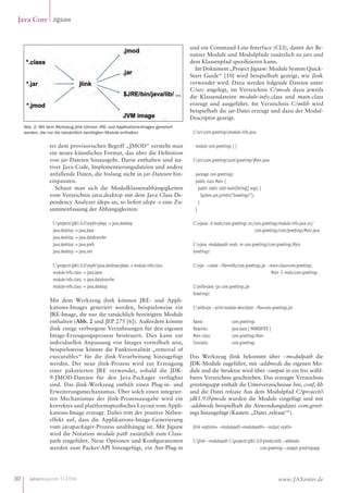 javamagazin 1|2016
Java Core Jigsaw
30 www.JAXenter.de
ter dem provisorischen Begriff „JMOD“ versteht man
ein neues künstliches Format, das über die Definition
von jar-Dateien hinausgeht. Darin enthalten sind na-
tiver Java-Code, Implementierungsdateien und andere
anfallende Daten, die bislang nicht in jar-Dateien hin-
einpassten.
Schaut man sich die Modulklassenabhängigkeiten
vom Verzeichnis java.desktop mit dem Java Class De-
pendency Analyzer jdeps an, so liefert jdeps -s eine Zu-
sammenfassung der Abhängigkeiten:
C:projectsjdk1.9.0mydirjdeps -s java.desktop
java.desktop - java.base
java.desktop - java.datatransfer
java.desktop - java.prefs
java.desktop - java.xml
C:projectsjdk1.9.0mydirjava.desktopjdeps -s module-info.class
module-info.class - java.base
module-info.class - java.datatransfer
module-info.class - java.desktop
Mit dem Werkzeug jlink können JRE- und Appli-
kations-Images generiert werden, beispielsweise ein
JRE-Image, die nur die tatsächlich benötigten Module
enthalten (Abb. 2 und JEP 275 [6]). Außerdem könnte
jlink einige verborgene Verzahnungen für den eigenen
Image-Erzeugungsprozess beisteuern. Dies kann zur
individuellen Anpassung von Images vorteilhaft sein,
beispielsweise könnte die Funktionalität „removal of
executables“ für die jlink-Verarbeitung hinzugefügt
werden. Der neue jlink-Prozess wird zur Erzeugung
einer paketierten JRE verwendet, sobald die JDK-
9-JMOD-Dateien für den Java-Packager verfügbar
sind. Das jlink-Werkzeug enthält einen Plug-in- und
Erweiterungsmechanismus. Über solch einen integrier-
ten Mechanismus der jlink-Prozessausgabe wird ein
korrektes und plattformspezifisches Layout vom Appli-
kations-Image erzeugt. Dabei tritt der positive Neben-
effekt auf, dass die Applikations-Image-Generierung
vom javapackager-Prozess unabhängig ist. Mit Jigsaw
wird die Notation module path zusätzlich zum Class-
path eingeführt. Neue Optionen und Konfigurationen
werden zum Packer-API hinzugefügt, ein Ant-Plug-in
und ein Command-Line-Interface (CLI), damit der Be-
nutzer Module und Modulpfade zusätzlich zu jars und
dem Klassenpfad spezifizieren kann.
Im Dokument „Project Jigsaw: Module System Quick-
Start Guide“ [10] wird beispielhaft gezeigt, wie jlink
verwendet wird. Dazu werden folgende Dateien unter
C:src angelegt, im Verzeichnis C:mods dazu jeweils
die Klassendateien module-info.class und main. class
erzeugt und ausgeführt. Im Verzeichnis C:mlib wird
beispielhaft die jar-Datei erzeugt und dazu der Modul-
Descriptor gezeigt.
C:srccom.greetingsmodule-info.java
module com.greetings { }
C:srccom.greetingscomgreetingsMain.java
package com.greetings;
public class Main {
public static void main(String[] args) {
System.out.println(Greetings!);
}
}
C:javac -d mods/com.greetings src/com.greetings/module-info.java src/
com.greetings/com/greetings/Main.java
C:java -modulepath mods -m com.greetings/com.greetings.Main
Greetings!
C:jar --create --file=mlib/com.greetings.jar --main-class=com.greetings.
 Main -C mods/com.greetings .
C:mlibjava -jar com.greetings.jar
Greetings!
C:mlibjar --print-module-descriptor --file=com.greetings.jar
Name:		 com.greetings
Requires:		 java.base [ MANDATED ]
Main class:		 com.greetings.Main
Conceals:		 com.greetings
Das Werkzeug jlink bekommt über --modulpath die
JDK-Module zugeführt, mit -addmods die eigenen Mo-
dule und die Struktur wird über -output in ein frei wähl-
bares Verzeichnis geschrieben. Das erzeugte Verzeichnis
greet­ings­app enthält die Unterverzeichnisse bin, conf, lib
und die Datei release Aus dem Modulpfad C:projects
jdk1.9.0jmods wurden die Module eingefügt und mit
-add­mods beispielhaft die Anwendungsdatei com.greet­
ings hinzugefügt (Kasten: „Datei ‚release’“).
jlink options --modulepath modulepath --output path
C:jlink --modulepath C:projectsjdk1.9.0jmods;mlib --addmods
 com.greetings --output greetingsapp
Abb. 2: Mit dem Werkzeug jlink können JRE- und Applikations-Images generiert
werden, die nur die tatsächlich benötigten Module enthalten
 