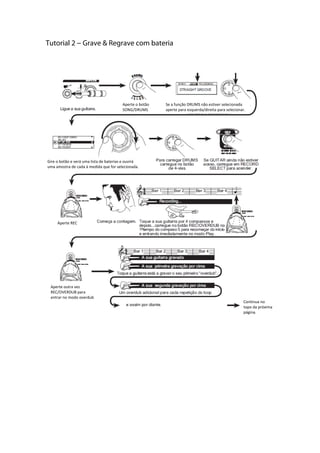 Tutorial 2 --- Grave & Regrave com bateria
 
 
 
 
 
 
 
 
Aperte o botão
SONG/DRUMS
Se a função DRUMS não estiver selecionada 
aperte para esquerda/direita para selecionar. 
Gire o botão e verá uma lista de baterias e ouvirá 
uma amostra de cada à medida que for selecionada. 
Continua no 
topo da próxima 
página. 
Aperte REC 
Aperte outra vez 
REC/OVERDUB para 
entrar no modo overdub 
 