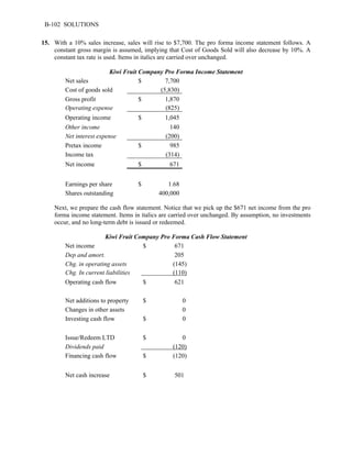 B-102 SOLUTIONS 
15. With a 10% sales increase, sales will rise to $7,700. The pro forma income statement follows. A 
constant gross margin is assumed, implying that Cost of Goods Sold will also decrease by 10%. A 
constant tax rate is used. Items in italics are carried over unchanged. 
Kiwi Fruit Company Pro Forma Income Statement 
Net sales $ 7,700 
Cost of goods sold (5,830) 
Gross profit $ 1,870 
Operating expense (825) 
Operating income $ 1,045 
Other income 140 
Net interest expense (200) 
Pretax income $ 985 
Income tax (314) 
Net income $ 671 
Earnings per share $ 1.68 
Shares outstanding 400,000 
Next, we prepare the cash flow statement. Notice that we pick up the $671 net income from the pro 
forma income statement. Items in italics are carried over unchanged. By assumption, no investments 
occur, and no long-term debt is issued or redeemed. 
Kiwi Fruit Company Pro Forma Cash Flow Statement 
Net income $ 671 
Dep and amort. 205 
Chg. in operating assets (145) 
Chg. In current liabilities (110) 
Operating cash flow $ 621 
Net additions to property $ 0 
Changes in other assets 0 
Investing cash flow $ 0 
Issue/Redeem LTD $ 0 
Dividends paid (120) 
Financing cash flow $ (120) 
Net cash increase $ 501 
 