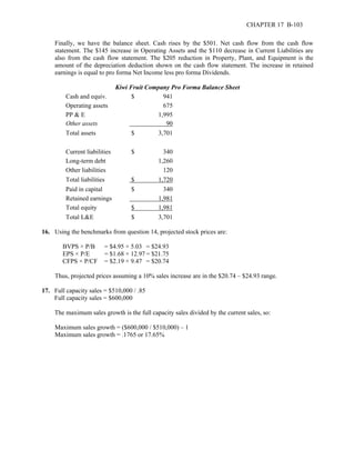 CHAPTER 17 B-103 
Finally, we have the balance sheet. Cash rises by the $501. Net cash flow from the cash flow 
statement. The $145 increase in Operating Assets and the $110 decrease in Current Liabilities are 
also from the cash flow statement. The $205 reduction in Property, Plant, and Equipment is the 
amount of the depreciation deduction shown on the cash flow statement. The increase in retained 
earnings is equal to pro forma Net Income less pro forma Dividends. 
Kiwi Fruit Company Pro Forma Balance Sheet 
Cash and equiv. $ 941 
Operating assets 675 
PP & E 1,995 
Other assets 90 
Total assets $ 3,701 
Current liabilities $ 340 
Long-term debt 1,260 
Other liabilities 120 
Total liabilities $ 1,720 
Paid in capital $ 340 
Retained earnings 1,981 
Total equity $ 1,981 
Total L&E $ 3,701 
16. Using the benchmarks from question 14, projected stock prices are: 
BVPS × P/B = $4.95 × 5.03 = $24.93 
EPS × P/E = $1.68 × 12.97 = $21.75 
CFPS × P/CF = $2.19 × 9.47 = $20.74 
Thus, projected prices assuming a 10% sales increase are in the $20.74 – $24.93 range. 
17. Full capacity sales = $510,000 / .85 
Full capacity sales = $600,000 
The maximum sales growth is the full capacity sales divided by the current sales, so: 
Maximum sales growth = ($600,000 / $510,000) – 1 
Maximum sales growth = .1765 or 17.65% 
 