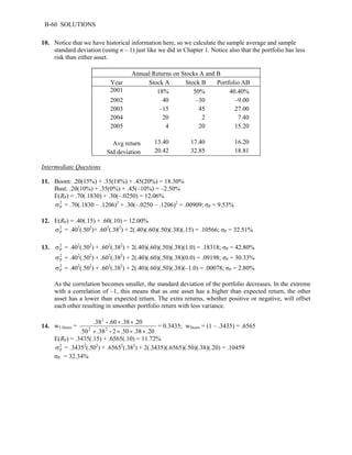 B-60 SOLUTIONS 
10. Notice that we have historical information here, so we calculate the sample average and sample 
standard deviation (using n – 1) just like we did in Chapter 1. Notice also that the portfolio has less 
risk than either asset. 
Annual Returns on Stocks A and B 
Year 
Stock A 
Stock B Portfolio AB 
2001 
18% 
50% 
40.40% 
2002 
40 
–30 
–9.00 
2003 
–15 
45 
27.00 
2004 
20 
2 
7.40 
2005 
4 
20 
15.20 
Avg return 13.40 17.40 16.20 
Std deviation 20.42 32.85 18.81 
Intermediate Questions 
11. Boom: .20(15%) + .35(18%) + .45(20%) = 18.30% 
Bust: .20(10%) + .35(0%) + .45(–10%) = –2.50% 
E(RP) = .70(.1830) + .30(–.0250) = 12.06% 
2 
P σ = .70(.1830 – .1206)2 + .30(–.0250 – .1206)2 = .00909; σP = 9.53% 
12. E(RP) = .40(.15) + .60(.10) = 12.00% 
2 
P σ = .402(.502)+ .602(.382) + 2(.40)(.60)(.50)(.38)(.15) = .10566; σP = 32.51% 
P σ = .402(.502) + .602(.382) + 2(.40)(.60)(.50)(.38)(1.0) = .18318; σP = 42.80% 
2 
P σ = .402(.502) + .602(.382) + 2(.40)(.60)(.50)(.38)(0.0) = .09198; σP = 30.33% 
2 
P σ = .402(.502) + .602(.382) + 2(.40)(.60)(.50)(.38)(–1.0) = .00078; σP = 2.80% 
As the correlation becomes smaller, the standard deviation of the portfolio decreases. In the extreme 
with a correlation of –1, this means that as one asset has a higher than expected return, the other 
asset has a lower than expected return. The extra returns, whether positive or negative, will offset 
each other resulting in smoother portfolio return with less variance. 
13. 2 
14. w3 Doors = 
2 
.38 - .60 × .38 × 
.20 
2 2 
50 + .38 - 2 × .50 × .38 × 
.20 
. 
= 0.3435; wDoors = (1 – .3435) = .6565 
E(RP) = .3435(.15) + .6565(.10) = 11.72% 
2 
P σ = .34352(.502) + .65652(.382) + 2(.3435)(.6565)(.50)(.38)(.20) = .10459 
σP = 32.34% 
 