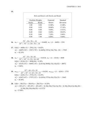 CHAPTER 11 B-61 
15. 
Risk and Return with Stocks and Bonds 
Portfolio Weights 
Expected 
Standard 
Stocks 
Bonds 
Return 
Deviation 
1.00 
0.00 12.00% 21.00% 
0.80 
0.20 10.80% 17.16% 
0.60 
0.40 9.60% 13.61% 
0.40 
0.60 8.40% 10.65% 
0.20 
0.80 7.20% 8.86% 
0.00 
1.00 6.00% 9.00% 
16. wD = 
2 
.78 - .54 × .78 × 
- .10 
2 2 
54 + .78 - 2 × .54 × .78 × 
- .10 
. 
= 0.6609; wI = (1 – .6609) = .3391 
17. E(RP) = .6609(.13) + .3391(.16) = 14.02% 
2 
P σ = .66092(.542) + .33912(.782) + 2(.6609)(.3391)(.54)(.78)(–.10) = .17845 
σP = 42.24% 
18. wK = 
2 
.10 - .53 × .10 × 
.02 
2 2 
53 + .10 - 2 × .53 × .10 × 
.02 
. 
= 0.0310; wL = (1 – .0310) = .9690 
E(RP) = .0310(.15) + .9690(.06) = 6.28% 
2 
P σ = .03102(.532) + .96902(.102) + 2(.0310)(.9690)(.53)(.10)(.02) = .00972 
σP = 9.86% 
19. wBruin = 
2 
.52 - .43 × .52 × 
.25 
2 2 
43 + .52 - 2 × .43 × .52 × 
.25 
. 
= 0.6245; wWildcat = (1 – .6245) = .3755 
E(RP) = .6245(.17) + .3755(.15) = 16.25% 
2 
P σ = .62452(.432) + .37552(.522) + 2(.6245)(.3755)(.43)(.52)(.25) = .13645 
σP = 36.94% 
20. E(R) = .30(12%) + .50(16%) + .20(13%) = 14.20% 
2 
P σ = .302(.412) + .502(.582) + .202(.482) + 2(.30)(.50)(.53)(.41)(.58) + 2(.30)(.20)(.41)(.48)(.20) + 
2(.50)(.20)(.58)(.48)(.05) = 0.13735 
σP = 37.06% 
 