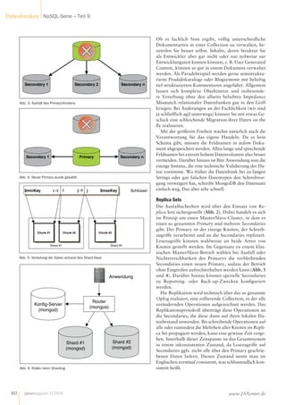 Ob es fachlich Sinn ergibt, völlig unterschiedliche
Dokumentarten in einer Collection zu verwalten, be-
urteilen Sie besser selbst. Inhalte, deren Struktur Sie
als Entwickler aber gar nicht oder nur teilweise zur
Entwicklungszeit kennen können, z. B. User Generated
Content, können so gut in einem Dokument verwaltet
werden. Als Paradebeispiel werden gerne semistruktu-
rierte Produktkataloge oder Blogsysteme mit beliebig
tief strukturierten Kommentaren angeführt. Allgemein
lassen sich komplexe Objektnetze und insbesonde-
re Vererbung ohne den allseits beliebten Impedance
Mismatch relationaler Datenbanken gut in den Griff
kriegen. Bei Änderungen an der Fachlichkeit (wir sind
ja schließlich agil unterwegs) können Sie mit etwas Ge-
schick eine schleichende Migration ihrer Daten on the
fly realisieren.
Mit der größeren Freiheit wächst natürlich auch die
Verantwortung für das eigene Handeln. Da es kein
Schema gibt, müssen die Feldnamen in jedem Doku-
ment abgespeichert werden. Allzu lange und sprechende
Feldnamen bei extrem hohem Datenvolumen also besser
vermeiden. Darüber hinaus ist Ihre Anwendung nun die
einzige Instanz, die eine technische Validierung der Da-
ten vornimmt. Wo früher die Datenbank bei zu langen
Strings oder gar falschen Datentypen den Schreibvor-
gang verweigert hat, schreibt MongoDB den Datensatz
einfach weg. Das aber sehr schnell.
Replica Sets
Die Ausfallsicherheit wird über den Einsatz von Re-
plica Sets sichergestellt (Abb. 2). Dabei handelt es sich
im Prinzip um einen Master/Slave-Cluster, in dem es
einen so genannten Primary und mehrere Secondaries
gibt. Der Primary ist der einzige Knoten, der Schreib-
zugriffe verarbeitet und an die Secondaries repliziert.
Lesezugriffe können wahlweise an beide Arten von
Knoten gestellt werden. Im Gegensatz zu einem klas-
sischen Master/Slave-Betrieb wählen bei Ausfall oder
Nichterreichbarkeit des Primarys die verbleibenden
Secondaries einen neuen Primary, sodass der Betrieb
ohne Eingreifen aufrechterhalten werden kann (Abb. 3
und 4). Darüber hinaus können spezielle Seconda­ries
zu Reporting- oder Back-up-Zwecken konfiguriert
werden.
Die Replikation wird technisch über das so genannte
Oplog realisiert, eine rollierende Collection, in der alle
verändernden Operationen aufgezeichnet werden. Das
Replikationsprotokoll überträgt diese Operationen an
die Secondaries, die diese dann auf ihren lokalen Da-
tenbestand anwenden. Bis schreibende Operationen auf
alle oder zumindest die Mehrheit aller Knoten im Repli-
ca Set propagiert werden, kann eine gewisse Zeit verge-
hen. Innerhalb dieser Zeitspanne ist das Gesamtsystem
in einem inkonsistenten Zustand, da Lesezugriffe auf
Secondaries ggfs. nicht alle über den Primary geschrie-
benen Daten liefern. Diesen Zustand nennt man im
Englischen eventual consistent, was schlussendlich kon-
sistent heißt.
Shard #2
Chunk #3
Shard #1
Chunk #1 Chunk #2
Schlüssel$minKey i -1 i j -1 j $maxKey
Abb. 5: Verteilung der Daten anhand des Shard Keys
Primary
Secondary 1 Primary Secondary n
PPPPPPPrrrriiimmmaaaaarrrryyyyyyyrimmaa
Abb. 4: Neuer Primary wurde gewählt
Primary
Secondary 1 Secondary 2 Secondary n
PPPPPPPrrrriiimmmaaaaarrrryyyyyyyrimmaa
Abb. 3: Ausfall des Primary-Knotens
Shard #1
(mongod)
Anwendung
Shard #2
(mongod)
Konfig-Server
(mongod)
Router
(mongos)
Abb. 6: Rollen beim Sharding
javamagazin 5|2014
Datenbanken NoSQL-Serie – Teil 9
60 www.JAXenter.de
 