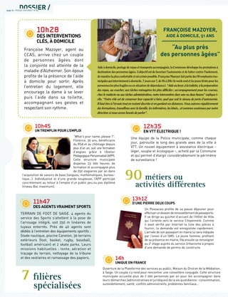 14h
UNIQUE EN FRANCE
Ouverture de la Plateforme des services au public, Maison du Droit et de la Médiation,
à Saige. Un couple s’y rend pour rencontrer une conseillère conjugale. Cette structure
municipale accueille plus de 7 000 personnes par an pour les accompagner dans
leurs démarches (administratives et juridiques) de la vie quotidienne : consommation,
surendettement, santé, conflits administratifs, problèmes familiaux…
10h45
UN TREMPLIN POUR L’EMPLOI
“What’s your name, please ?”.
Florence, 39 ans, bénéﬁciaire
du RSA et au chômage depuis
plus d’un an, suit une formation
d’anglais grâce à l’Atelier
PédagogiquePersonnalisé(APP).
Cette structure municipale
dispense 23 000 heures de
formation et accompagne plus
de 250 stagiaires par an dans
l’acquisition de savoirs de base (langues, mathématiques, bureau-
tique…). Individualisé et d’une grande souplesse, l’APP participe
concrètement au retour à l’emploi d’un public peu ou pas diplômé
(niveau Bac maximum).
12h35
EN VTT ÉLECTRIQUE !
Une équipe de la Police municipale, comme chaque
jour, patrouille le long des grands axes de la ville à
VTT. Un nouvel équipement à assistance électrique -
léger, souple et écologique -, acheté par la Commune
et qui permet d’élargir considérablement le périmètre
de surveillance !
13h12
D’UNE PIERRE DEUX COUPS
Un Pessacais proﬁte de sa pause déjeuner pour
effectuerundossierderenouvellementdepasseports.
Il se dirige au guichet d’accueil de l’Hôtel de Ville
qui l’oriente vers le service Citoyenneté. Comme
il avait vérifié par Internet la liste des pièces à
fournir, la demande est enregistrée rapidement.
L’arrivée de son passeport en mairie lui sera indiquée
par l’envoi d’un SMS. Le jeune homme, proﬁtant
de sa présence en mairie, ﬁle ensuite se renseigner
au 2e
étage auprès du service Urbanisme à propos
d’une demande de permis de construire.
90 métiers ou
activités différentes
7 ﬁlières
spécialisées
10h28
DES INTERVENTIONS
CLÉS, À DOMICILE
Françoise Mazoyer, agent au
CCAS, arrive chez un couple
de personnes âgées dont
la conjointe est atteinte de la
maladie d’Alzheimer. Son époux
proﬁte de la présence de l’aide
à domicile pour sortir. Après
l’entretien du logement, elle
encourage la dame à se lever
puis l’aide dans sa toilette,
accompagnant ses gestes et
respectant son rythme.
Aide à domicile, portage de repas et transports accompagnés, la Commune développe les prestations à
destination des personnes âgées. L’objectif est de favoriser l’autonomie et de lutter contre l’isolement,
demanièrelaplusconfortableetsécuriséepossible.FrançoiseMazoyerfaitpartiedes50employéesmu-
nicipalesquiinterviennentàdomicile,7jourssur7,de8hà20h(leweek-endetlesjoursfériéspourles
personneslesplusfragilesouensituationdedépendance).“Aideaulever,àlatoilette,àlapréparation
des repas, au coucher, aux tâches ménagères les plus difﬁciles ; accompagnement pour les courses,
chez le médecin ou aux tâches administratives, notre intervention dure une ou deux heures” explique-t-
elle. “Notre rôle est de conserver leur capacité à faire, quel que soit le niveau de perte d’autonomie.
Il faut être à l’écoute tout en restant discrète et en gardant ses distances. Nous suivons régulièrement
des formations, travaillons avec la famille, les inﬁrmières, les kinés... et sommes soutenues par notre
direction si nous avons besoin de parler”.
page 10 - PESSAC EN DIRECT N°85
11h47
DES AGENTS VRAIMENT SPORTS
TERRAIN DE FooT DE SAIgE. 4 agents du
service des Sports s’attellent à la pose de
l’arrosage intégré, soit 250 m linéaires de
tuyaux enterrés. Près de 40 agents sont
dédiés à l’entretien des équipements sportifs :
Stade nautique, piscine Caneton, 36 terrains
extérieurs (foot, basket, rugby, baseball,
football américain) et 2 skate parks. Leurs
missions habituelles : tonte, aération et
traçage du terrain, nettoyage de la tribune
et des vestiaires et ramassage des papiers.
FRANÇOISE MAZOYER,
AIDE À DOMICILE, 51 ANS
“Au plus près
des personnes âgées”
 