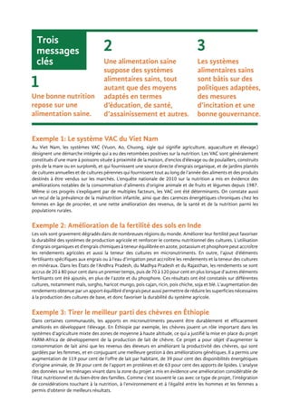 Exemple 2: Amélioration de la fertilité des sols en Inde
Les sols sont gravement dégradés dans de nombreuses régions du monde. Améliorer leur fertilité peut favoriser
la durabilité des systèmes de production agricole et renforcer le contenu nutritionnel des cultures. L’utilisation
d’engrais organiques et d’engrais chimiques à teneur équilibrée en azote, potassium et phosphore peut accroître
les rendements agricoles et aussi la teneur des cultures en micronutriments. En outre, l’ajout d’éléments
fertilisants spécifiques aux engrais ou à l’eau d’irrigation peut accroître les rendements et la teneur des cultures
en minéraux. Dans les États de l’Andhra Pradesh, du Madhya Pradesh et du Rajasthan, les rendements se sont
accrus de 20 à 80 pour cent dans un premier temps, puis de 70 à 120 pour cent en plus lorsque d’autres éléments
fertilisants ont été ajoutés, en plus de l’azote et du phosphore. Ces résultats ont été constatés sur différentes
cultures, notamment maïs, sorgho, haricot mungo, pois cajan, ricin, pois chiche, soja et blé. L’augmentation des
rendements obtenue par un apport équilibré d’engrais peut aussi permettre de réduire les superficies nécessaires
à la production des cultures de base, et donc favoriser la durabilité du système agricole.
Exemple 3: Tirer le meilleur parti des chèvres en Éthiopie
Dans certaines communautés, les apports en micronutriments peuvent être durablement et efficacement
améliorés en développant l’élevage. En Éthiopie par exemple, les chèvres jouent un rôle important dans les
systèmes d’agriculture mixte des zones de moyenne à haute altitude, ce qui a justifié la mise en place du projet
FARM-Africa de développement de la production de lait de chèvre. Ce projet a pour objet d’augmenter la
consommation de lait ainsi que les revenus des éleveurs en améliorant la productivité des chèvres, qui sont
gardées par les femmes, et en conjuguant une meilleure gestion à des améliorations génétiques. Il a permis une
augmentation de 119 pour cent de l’offre de lait par habitant, de 39 pour cent des disponibilités énergétiques
d’origine animale, de 39 pour cent de l’apport en protéines et de 63 pour cent des apports de lipides. L’analyse
des données sur les ménages vivant dans la zone du projet a mis en évidence une amélioration considérable de
l’état nutritionnel et du bien-être des familles. Comme c’est souvent le cas avec ce type de projet, l’intégration
de considérations touchant à la nutrition, à l’environnement et à l’égalité entre les hommes et les femmes a
permis d’obtenir de meilleurs résultats.
Trois
messages
clés
Exemple 1: Le système VAC du Viet Nam
Au Viet Nam, les systèmes VAC (Vuon, Ao, Chuong, sigle qui signifie agriculture, aquaculture et élevage)
désignent une démarche intégrée qui a eu des retombées positives sur la nutrition. Les VAC sont généralement
constitués d’une mare à poissons située à proximité de la maison, d’enclos d’élevage ou de poulaillers, construits
près de la mare ou en surplomb, et qui fournissent une source directe d’engrais organique, et de jardins plantés
de cultures annuelles et de cultures pérennes qui fournissent tout au long de l’année des aliments et des produits
destinés à être vendus sur les marchés. L’enquête nationale de 2010 sur la nutrition a mis en évidence des
améliorations notables de la consommation d’aliments d’origine animale et de fruits et légumes depuis 1987.
Même si ces progrès s’expliquent par de multiples facteurs, les VAC ont été déterminants. On constate aussi
un recul de la prévalence de la malnutrition infantile, ainsi que des carences énergétiques chroniques chez les
femmes en âge de procréer, et une nette amélioration des revenus, de la santé et de la nutrition parmi les
populations rurales.
Une alimentation saine
suppose des systèmes
alimentaires sains, tout
autant que des moyens
adaptés en termes
d’éducation, de santé,
d’assainissement et autres.
Les systèmes
alimentaires sains
sont bâtis sur des
politiques adaptées,
des mesures
d’incitation et une
bonne gouvernance.
Une bonne nutrition
repose sur une
alimentation saine.
1
2 3
 