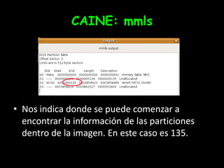 CAINE: mmlsNos indica donde se puede comenzar a encontrar la información de las particiones dentro de la imagen. En este caso es 135.