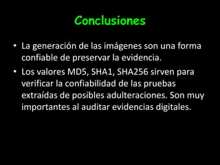 ConclusionesLa generación de las imágenes son una forma confiable de preservar la evidencia.Los valores MD5, SHA1, SHA256 sirven para verificar la confiabilidad de las pruebas extraídas de posibles adulteraciones. Son muy importantes al auditar evidencias digitales.