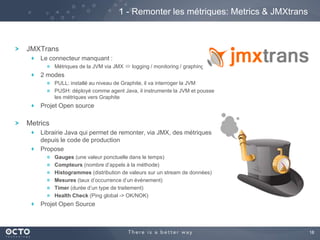 18 
JMXTrans 
Le connecteur manquant : 
Métriques de la JVM via JMX ó logging / monitoring / graphing 
2 modes 
PULL: ins...