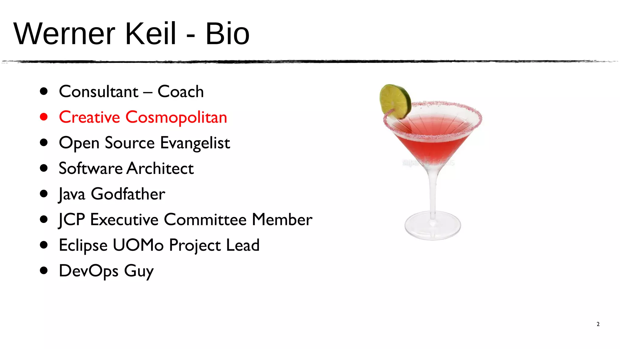 Werner Keil - Bio
 •   Consultant – Coach
 •   Creative Cosmopolitan
 •   Open Source Evangelist
 •   Software Architect
 •   Java Godfather
 •   JCP Executive Committee Member
 •   Eclipse UOMo Project Lead
 •   DevOps Guy

                                      2
 