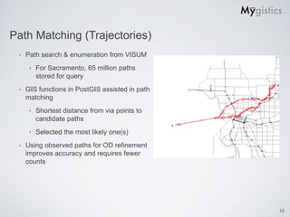 Path Matching (Trajectories)
 ‣   Path search & enumeration from VISUM
      ‣   For Sacramento, 65 million paths
          stored for query
 ‣   GIS functions in PostGIS assisted in path
     matching
      ‣   Shortest distance from via points to
          candidate paths
      ‣   Selected the most likely one(s)
 ‣   Using observed paths for OD refinement
     improves accuracy and requires fewer
     counts




                                                 13
 