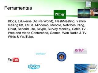 Ferramentas

 Blogs, Eduverse (Active World), FlashMeeting, Yahoo
 mailing list, LMSs, Mindomo, Moodle, Netvibes, Ning,
 Orkut, Second Life, Skype, Survey Monkey, Cable TV,
 Web and Video Conference, Games, Web Radio & TV,
 Wikis & YouTube.
 