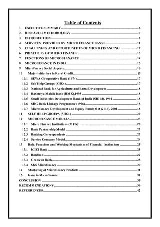 Table of Contents
1 EXECUTIVE SUMMARY................................................................................................6
2. RESEARCH METHODOLOGY....................................................................................7
3 INTRODUCTION ............................................................................................................8
4 SERVICES PROVIDED BY MICRO FINANCE BANK: .......................................11
5 CHALLENGES AND OPPORTUNITIES OF MICRO FINANCING:....................12
6 PRINCIPLES OF MICRO FINANCE .........................................................................13
7 FUNCTIONS OF MICRO FIANANCE.......................................................................14
8 MICRO FINANCE IN INDIA.......................................................................................15
9 Microfinance Social Aspects ..........................................................................................16
10 Major initiatives in Rural Credit............................................................................... 17
10.1 SEWA Co-operative Bank (1974) ..........................................................................17
10.2 Self Help Groups (SHGs)........................................................................................17
10.3 National Bank for Agriculture and Rural Development .....................................18
10.4 Rashtriya Mahila Kosh (RMK),1993 ....................................................................18
10.5 Small Industries Development Bank of India (SIDBI), 1994 ............................. 18
10.6 SHG-Bank Linkage Programme (1996)................................................................18
10.7 Microfinance Development and Equity Fund (MD & EF), 2001........................18
11 SELF HELP GROUPS (SHGs) .................................................................................20
12 MICRO FINANCE MODELS ...................................................................................23
12.1 Micro Finance Institutions (MFIs):.......................................................................23
12.2 Bank Partnership Model ........................................................................................23
12.3 Banking Correspondents ........................................................................................23
12.4 Service Company Model.........................................................................................24
13 Role, Functions and Working Mechanism of Financial Institutions .....................25
13.1 ICICI Bank ..............................................................................................................25
13.2 Bandhan ...................................................................................................................27
13.3 Grameen Bank.........................................................................................................28
13.4 SKS Microfinance ...................................................................................................29
14 Marketing of Microfinance Products........................................................................31
15 Issue in Microfinance..................................................................................................32
CONCLUSION ......................................................................................................................35
RECOMMENDATIONS.......................................................................................................36
REFERRENCES....................................................................................................................42
 