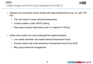 14
HDD
- Indian Engine and Drive Cycle Applications for BS VI
• Engines can have lower power ratings with large displacement (e.g., 6 L with 135
Hp)
• This can result in cooler exhaust temperature
• Further problem under WHTC testing
• May require engine downsizing (use 4 L engine for 135 hp)
• Indian drive cycles can have prolonged low speed operation
• Low speed operation can create exhaust temperature issue
• Concern about real world emissions if temperature too low for SCR
• May require thermal management
 