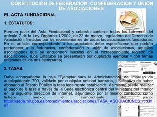 CONSTITUCIÓN DE FEDERACIÓN, CONFEDERACIÓN Y UNIÓN DE ASOCIACIONES EL ACTA FUNDACIONAL   1. ESTATUTOS:   Forman parte del Acta Fundacional y deberán contener todos los extremos del artículo 7 de la Ley Orgánica 1/2002, de 22 de marzo, reguladora del Derecho de Asociación, firmados por los representantes de todas las asociaciones fundadoras. En el artículo correspondiente a los asociados debe especificarse que podrán pertenecer a la federación, confederación o unión de asociaciones, aquellas asociaciones que se encuentren inscritas en el correspondiente registro de asociaciones. (Los Estatutos se presentarán por duplicado ejemplar y con firmas originales en los dos ejemplares). 2. TASAS:   Debe acompañarse la hoja "Ejemplar para la Administración" del impreso de autoliquidación 790, validado por cualquier entidad bancaria, justificativo de haber abonado al Tesoro Público la tasa legalmente establecida. Asimismo puede realizar el pago de la tasa a través de la Sede electrónica central del Ministerio del Interior en la siguiente dirección de internet, adjuntando por el mismo conducto, como fichero anexo, el comprobante del pago:  https://sede.mir.gob.es/procedimientos/asociaciones/TASA_ASOCIACIONES_rcd.html 