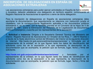 INSCRIPCIÓN  DE DELEGACIONES EN ESPAÑA DE ASOCIACIONES EXTRANJERAS Las asociaciones extranjeras para poder ejercer actividades en España de forma estable o duradera, deberán establecer una delegación en territorio español, comunicando al Registro Nacional de Asociaciones la apertura o cierre de dicha delegación. Para la inscripción de delegaciones en España de asociaciones extranjeras debe aportarse la documentación que seguidamente se relaciona con traducción jurada al castellano, con la correspondiente legalización aplicable a los documentos públicos extranjeros o, en su caso, con la Apostilla prevista en el Convenio de la Haya de 5 de octubre de 1961, sobre la Eliminación del Requisito de la Legalización de Documentos Públicos Extranjeros y suscrita por los representantes de la asociación: 1. Solicitud o instancia:  Dirigida a la Secretaría General Técnica del Ministerio del Interior, Registro Nacional de Asociaciones (C/ Amador de los Ríos, 7 - 28010 Madrid) o a través de la Sede electrónica central del Ministerio del Interior en la siguiente dirección de internet: http://sede.mir.gob.es/procedimientos/asociaciones/ y formulada por el representante de la entidad, en la que figuren tanto los datos de identificación del solicitante como los de la asociación a la que representa, la descripción de la documentación que se acompaña, la petición que se formula, lugar, fecha y firma del solicitante. http://sede.mir.gob.es/procedimientos/asociaciones/  y formulada por el representante de la entidad, en la que figuren tanto los datos de identificación del solicitante como los de la asociación a la que representa, la descripción de la documentación que se acompaña, la petición que se formula, lugar, fecha y firma del solicitante. 