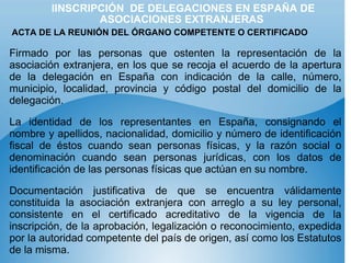 IINSCRIPCIÓN  DE DELEGACIONES EN ESPAÑA DE ASOCIACIONES EXTRANJERAS ACTA DE LA REUNIÓN DEL ÓRGANO COMPETENTE O CERTIFICADO   Firmado por las personas que ostenten la representación de la asociación extranjera, en los que se recoja el acuerdo de la apertura de la delegación en España con indicación de la calle, número, municipio, localidad, provincia y código postal del domicilio de la delegación. La identidad de los representantes en España, consignando el nombre y apellidos, nacionalidad, domicilio y número de identificación fiscal de éstos cuando sean personas físicas, y la razón social o denominación cuando sean personas jurídicas, con los datos de identificación de las personas físicas que actúan en su nombre.  Documentación justificativa de que se encuentra válidamente constituida la asociación extranjera con arreglo a su ley personal, consistente en el certificado acreditativo de la vigencia de la inscripción, de la aprobación, legalización o reconocimiento, expedida por la autoridad competente del país de origen, así como los Estatutos de la misma. 