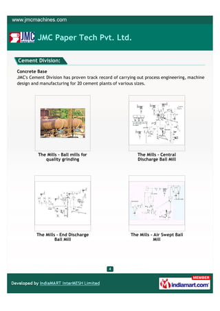 JMC Paper Tech Pvt. Ltd.

Cement Division:

Concrete Base
JMC's Cement Division has proven track record of carrying out process engineering, machine
design and manufacturing for 20 cement plants of various sizes.




          The Mills - Ball mills for                     The Mills - Central
             quality grinding                            Discharge Ball Mill




         The Mills - End Discharge                    The Mills - Air Swept Ball
                  Ball Mill                                       Mill
 